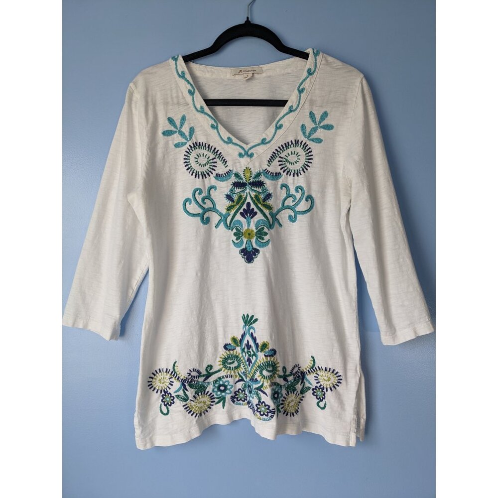 JM Collection Embroidered Cotton Top 3/4 Sleeve V-neck White Aqua Yellow Size XL